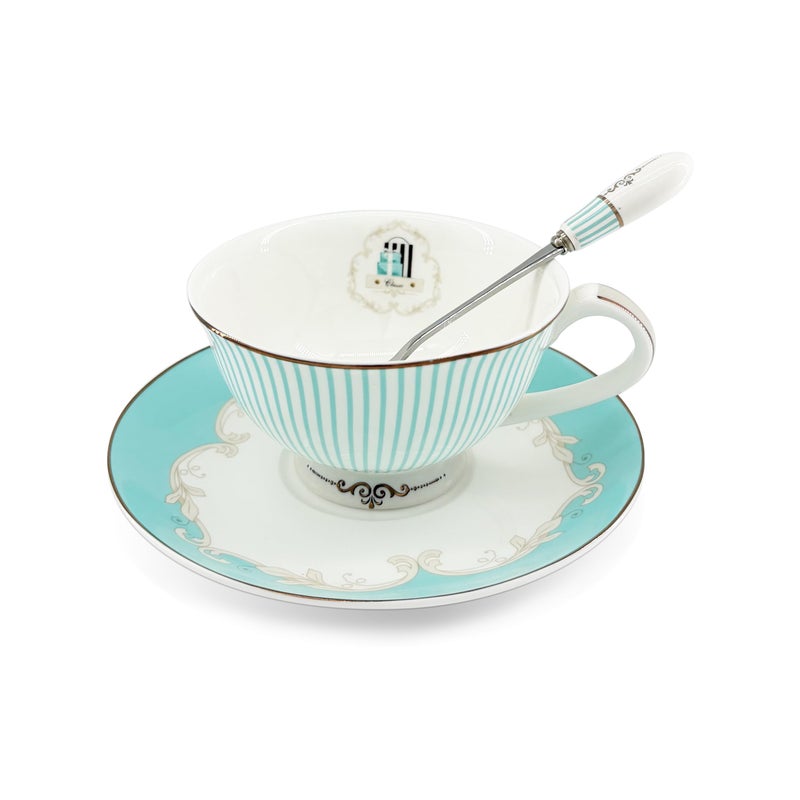 Krysclove Vintage Ceramic Teacup Elegant Coffee Cup with Spoon and Saucer Set,Royal Bone China Tea Cups (Stripe) - Image 1